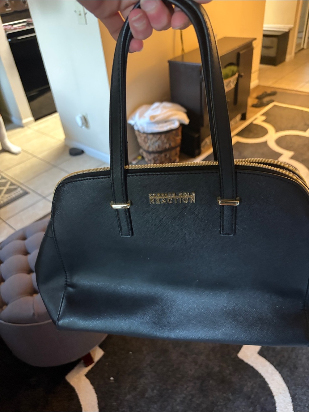 Kenneth Cole Reaction Black Dome Satchel with Gold Accents